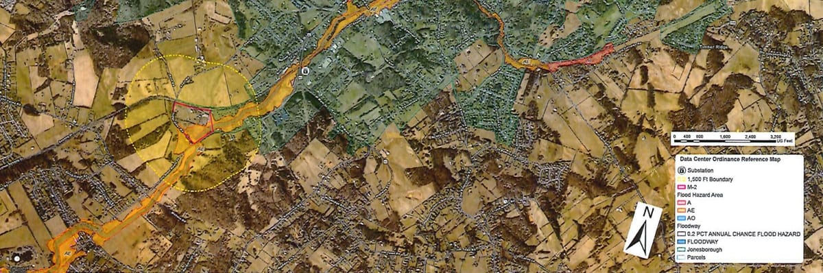 Map outlining industrial zoning in the Town of Jonesborough. The large area to the West is the old Burton Rubber plant site.